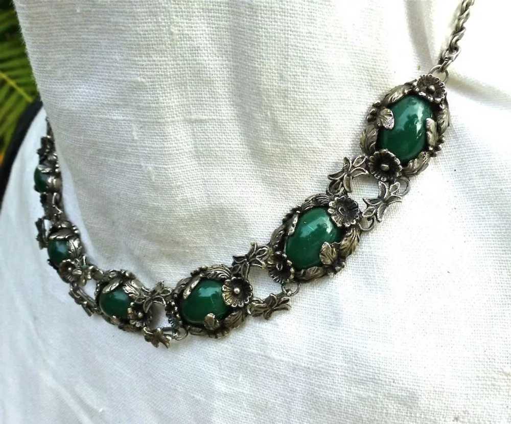 Ornate  Necklace 900 Silver With Green Stones - image 2