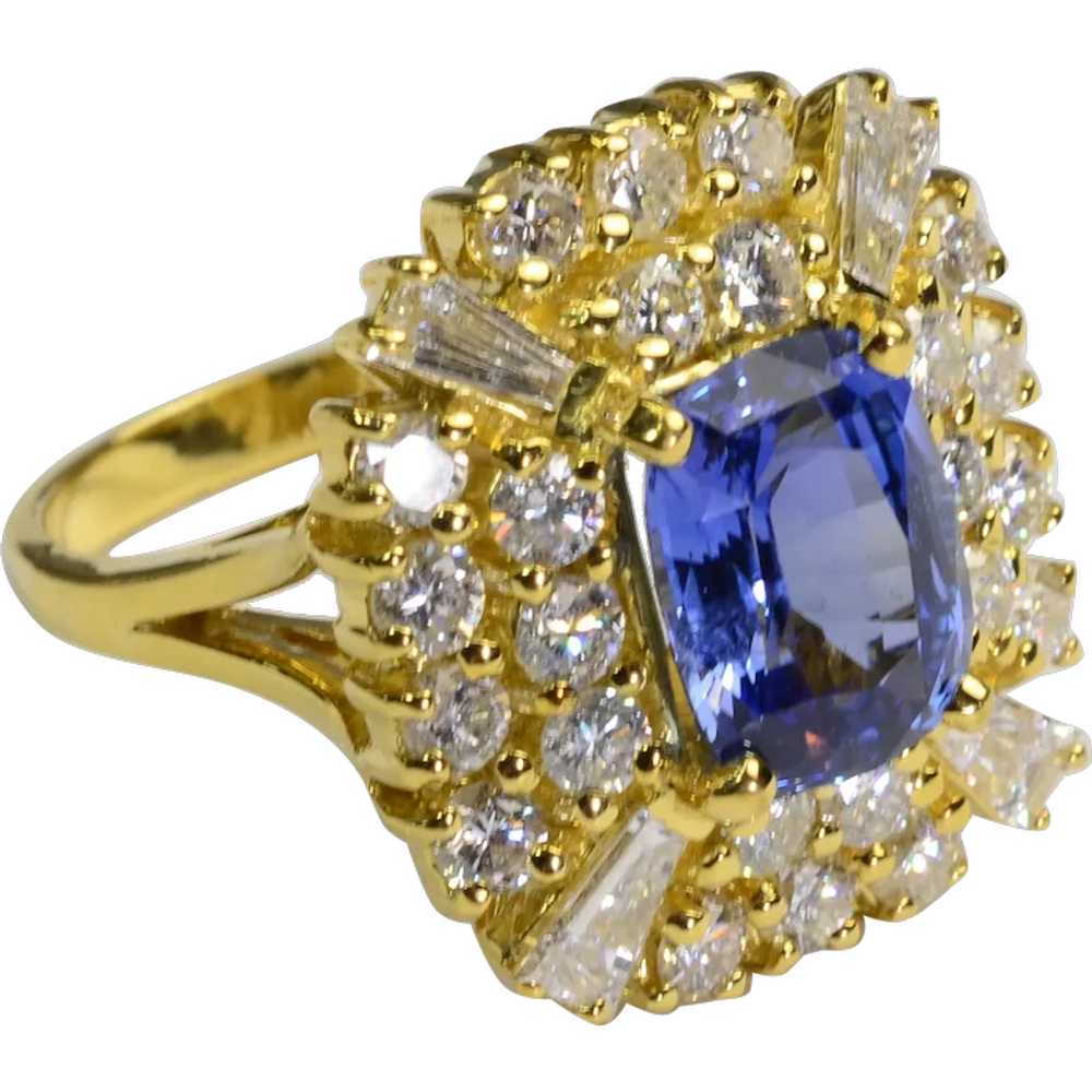 4CT Blue Sapphire Diamond 18k Gold Ring Vintage R… - image 1