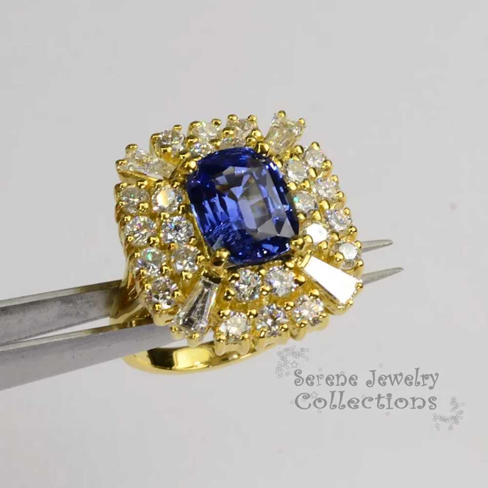 4CT Blue Sapphire Diamond 18k Gold Ring Vintage R… - image 2