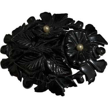 Carved Black Bakelite Floral Pin - image 1