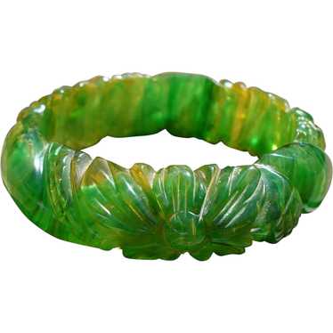 Green Translucent Bakelite Bracelet Carved