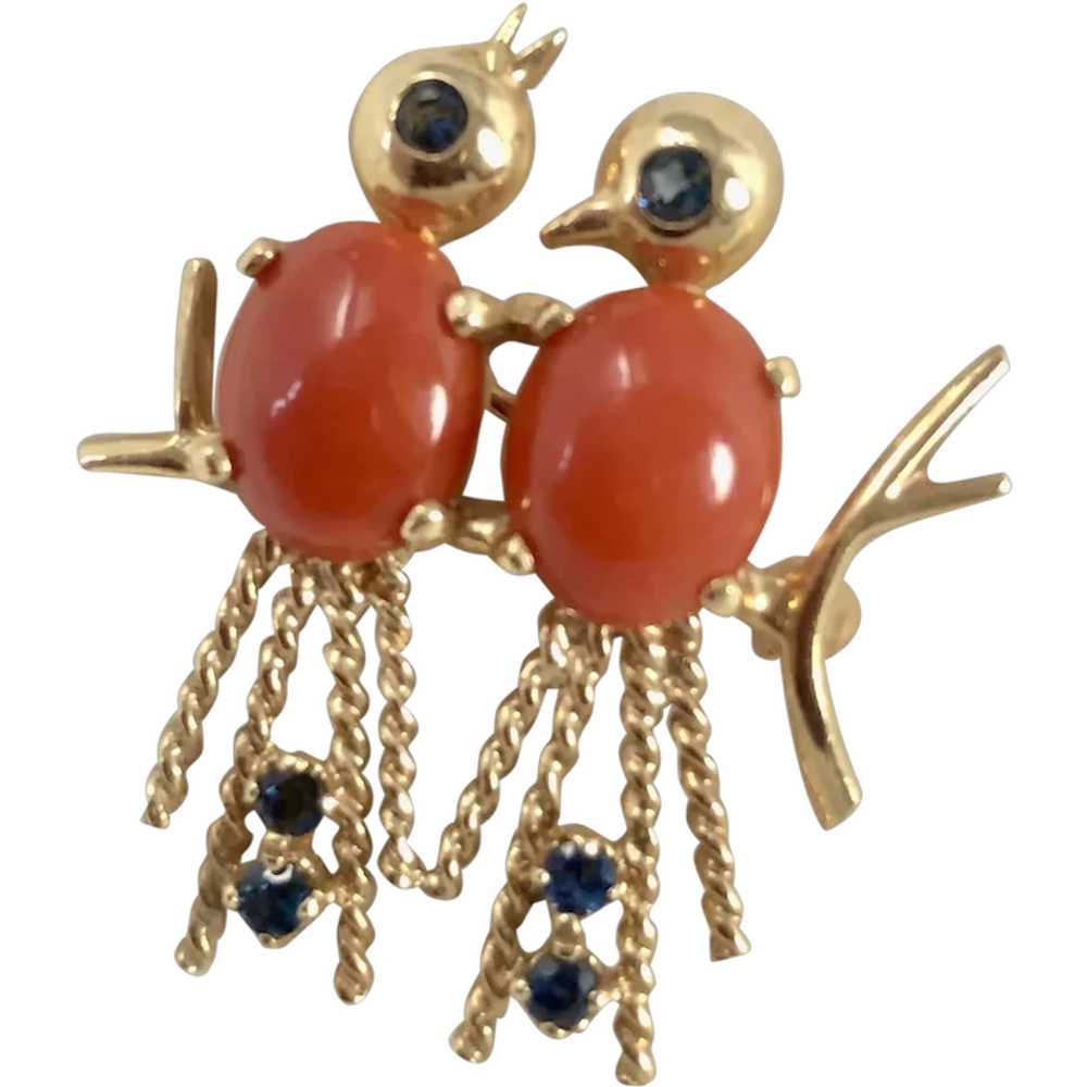 14K Gold Spinel & Coral Lovebirds Brooch - image 1