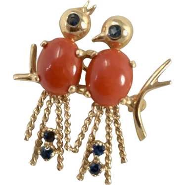 14K Gold Spinel & Coral Lovebirds Brooch - image 1