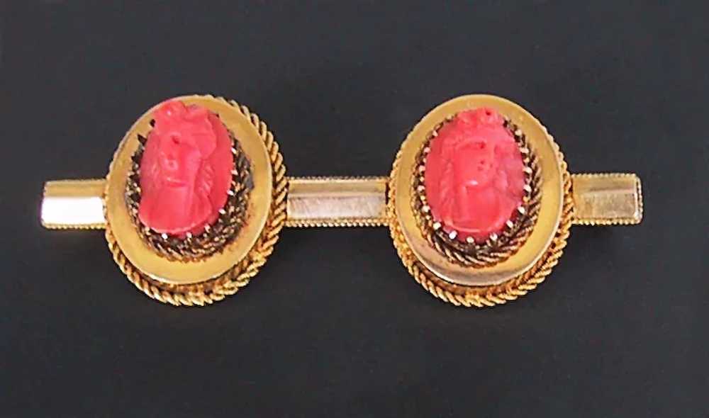 Victorian CORAL CAMEO BROOCH - 14K Gold Bar Pin /… - image 1