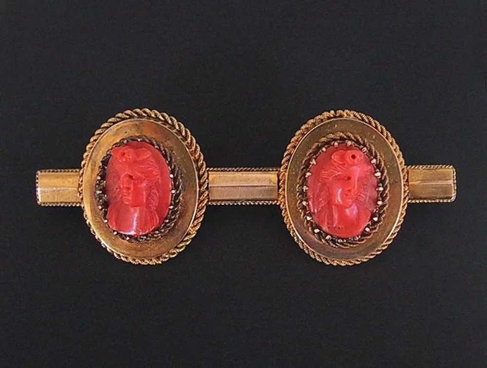 Victorian CORAL CAMEO BROOCH - 14K Gold Bar Pin /… - image 3