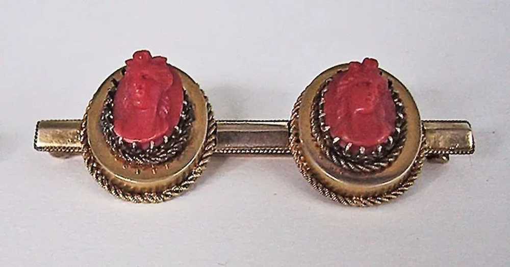 Victorian CORAL CAMEO BROOCH - 14K Gold Bar Pin /… - image 4