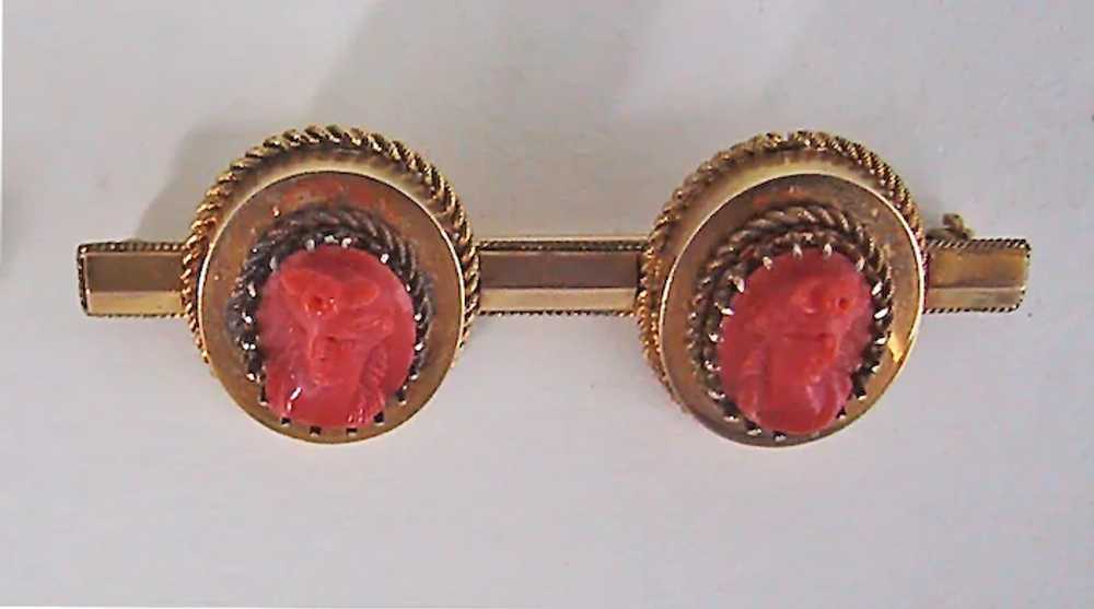 Victorian CORAL CAMEO BROOCH - 14K Gold Bar Pin /… - image 6