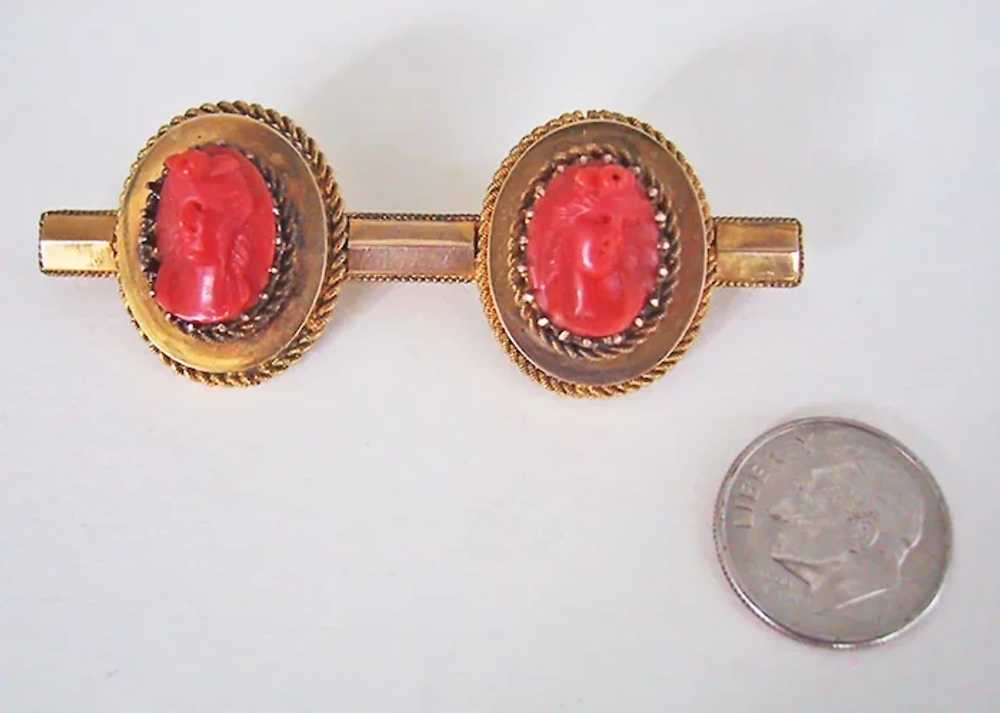 Victorian CORAL CAMEO BROOCH - 14K Gold Bar Pin /… - image 7