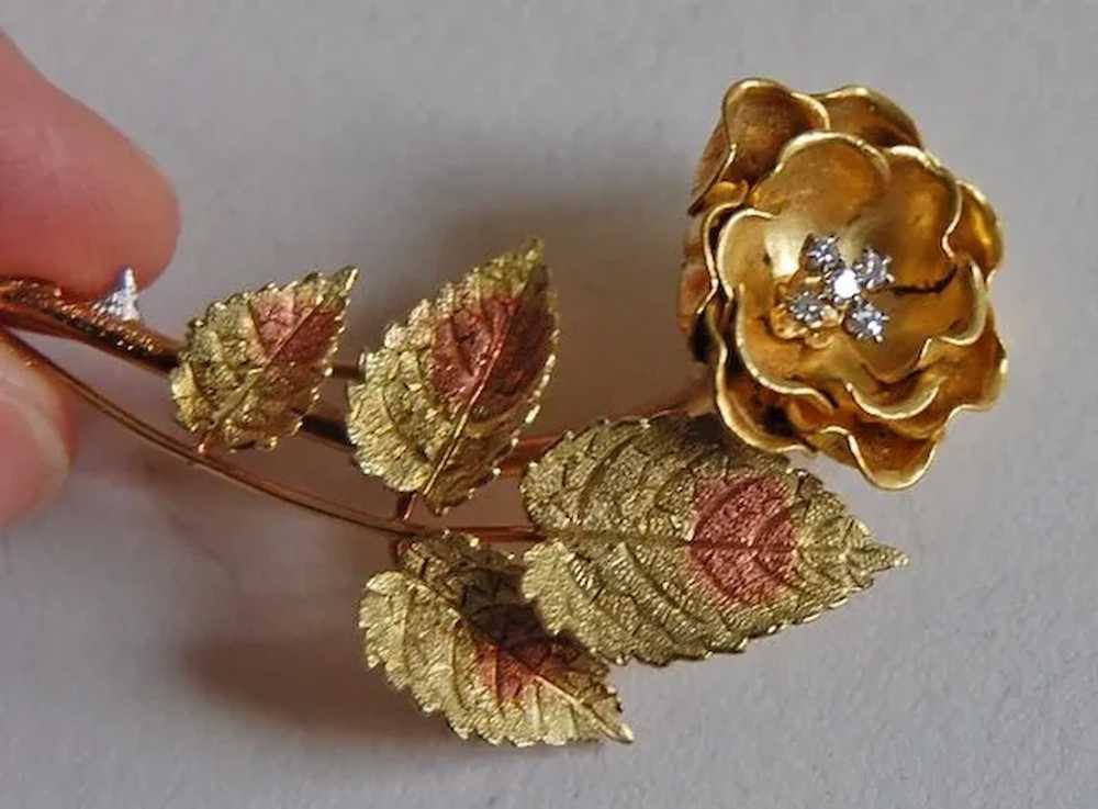 18K Gold FLOWER BROOCH - Rose with Thorns / Diamo… - image 10