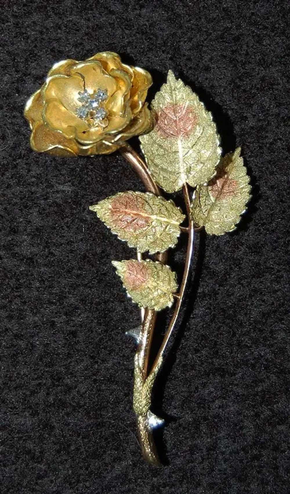 18K Gold FLOWER BROOCH - Rose with Thorns / Diamo… - image 1