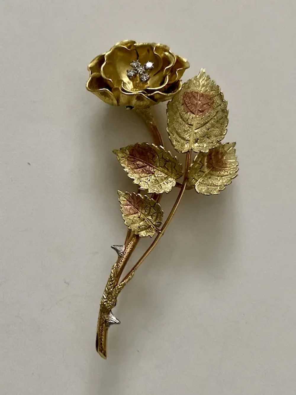 18K Gold FLOWER BROOCH - Rose with Thorns / Diamo… - image 2