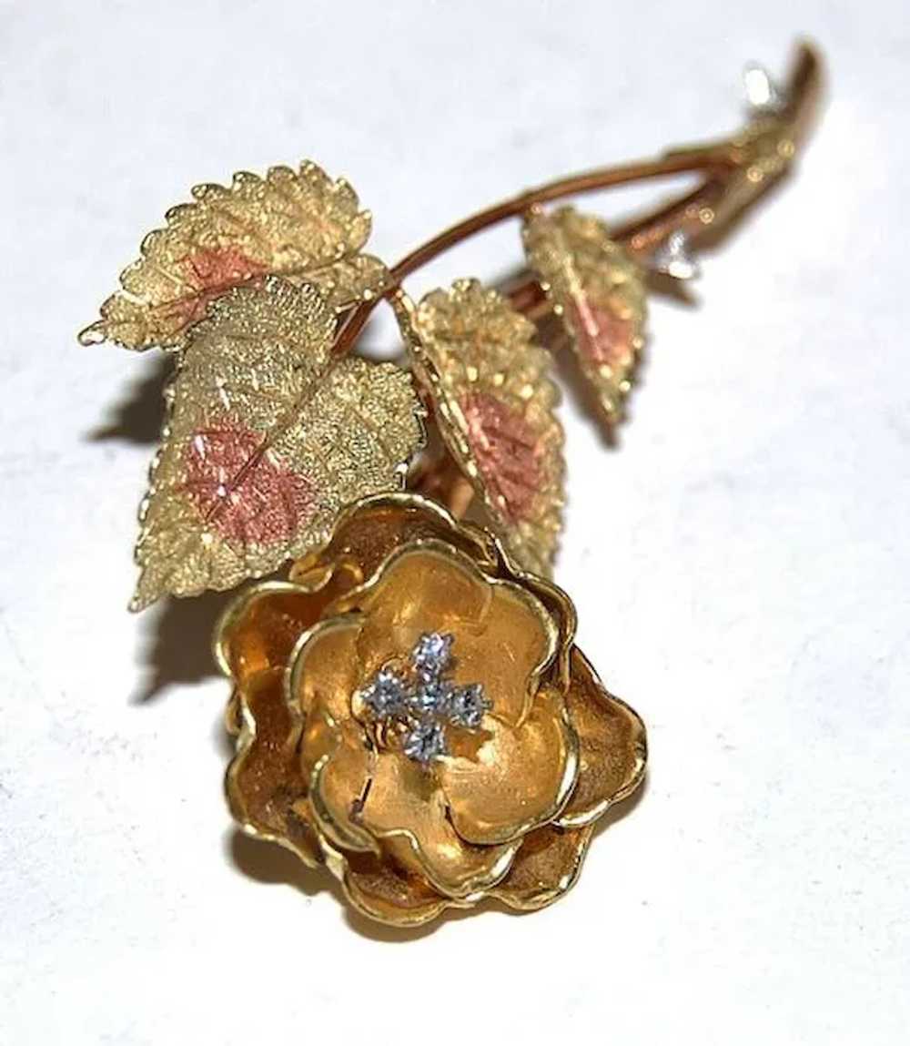 18K Gold FLOWER BROOCH - Rose with Thorns / Diamo… - image 3