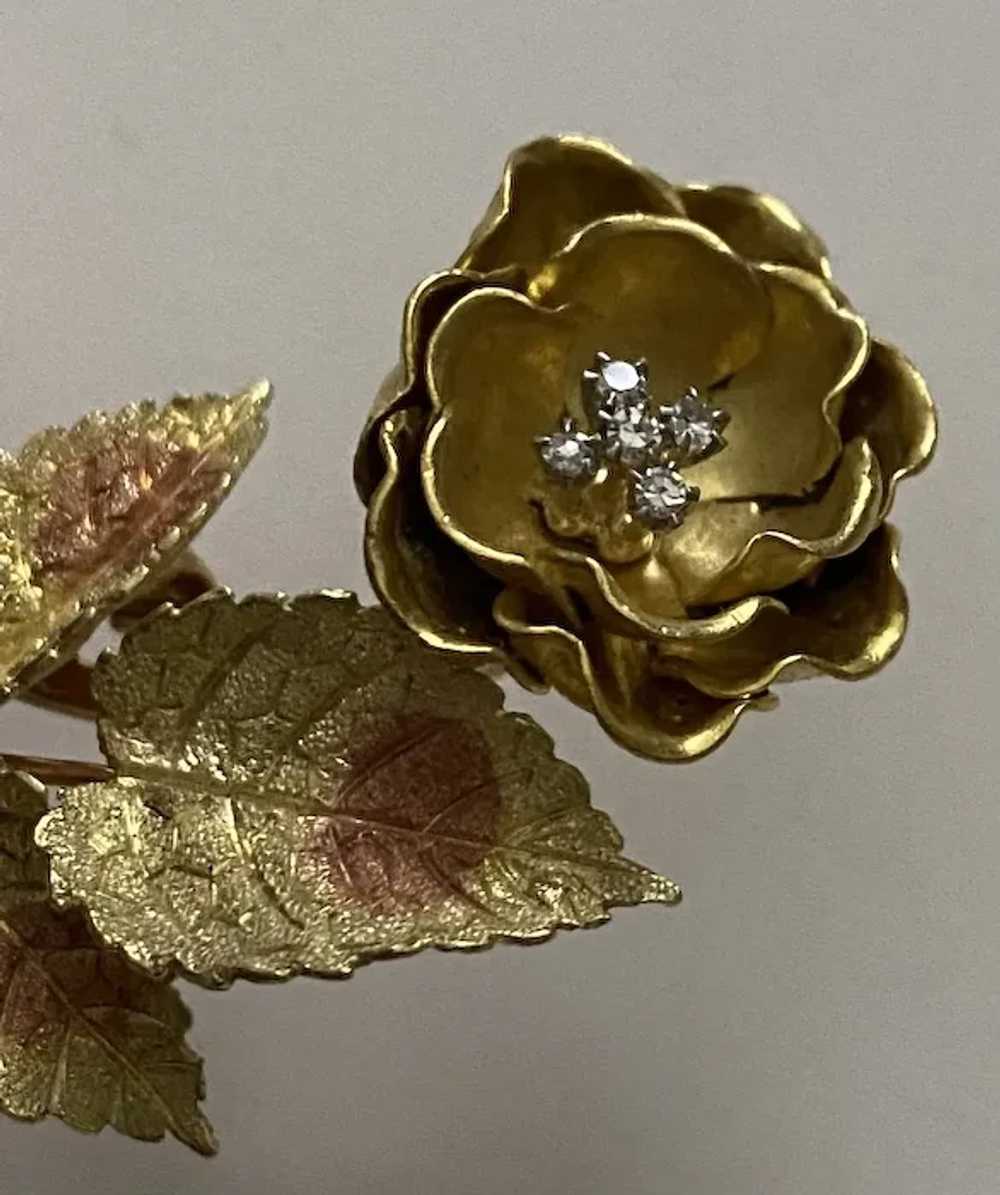 18K Gold FLOWER BROOCH - Rose with Thorns / Diamo… - image 4