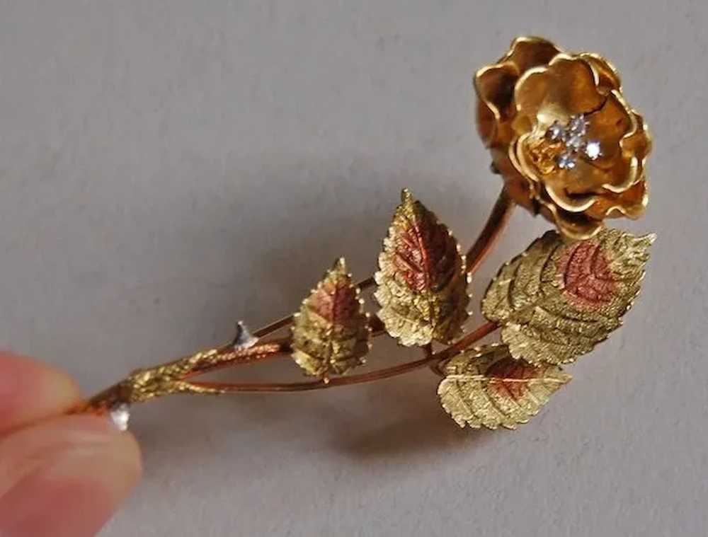 18K Gold FLOWER BROOCH - Rose with Thorns / Diamo… - image 5