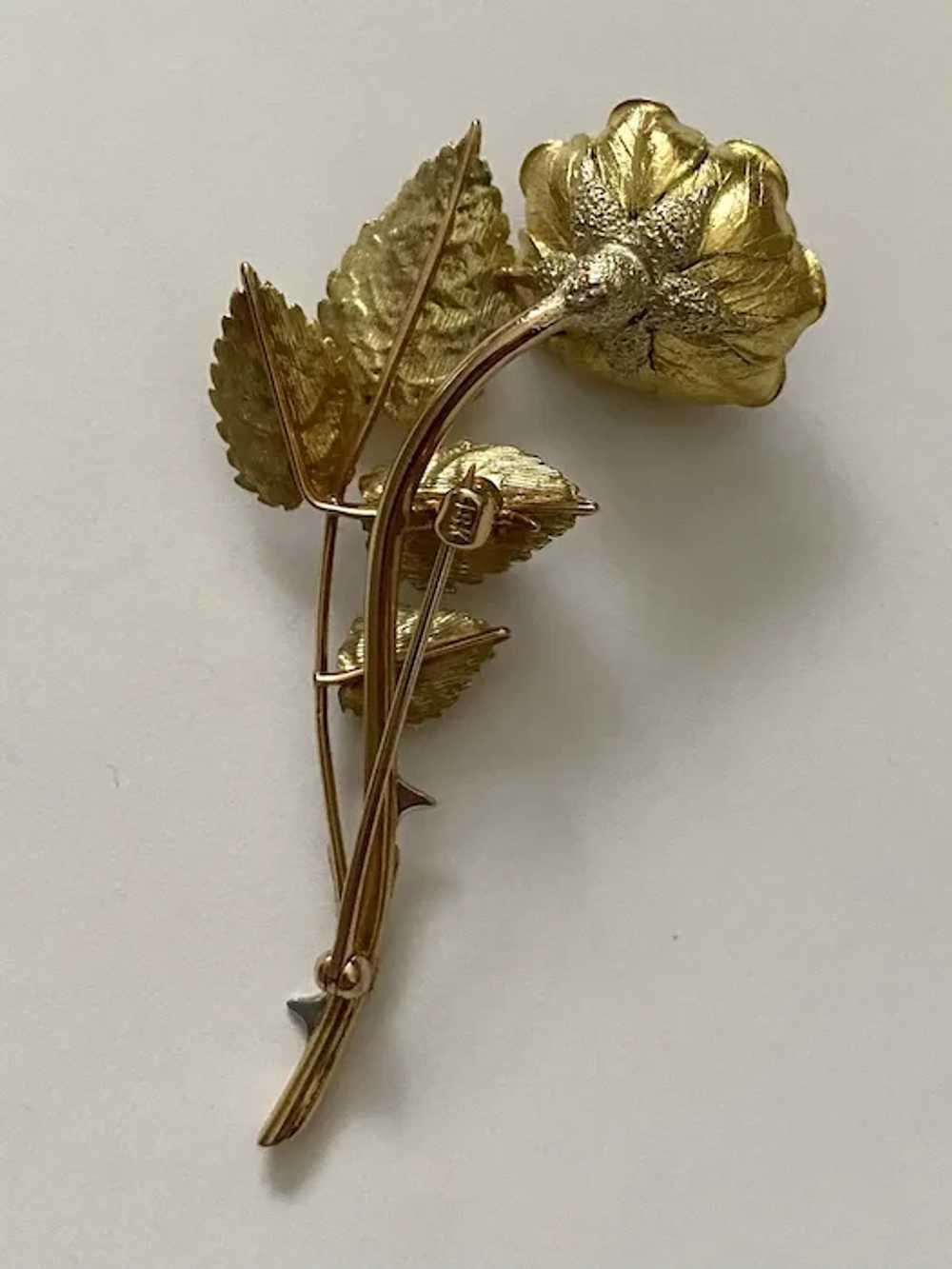 18K Gold FLOWER BROOCH - Rose with Thorns / Diamo… - image 7