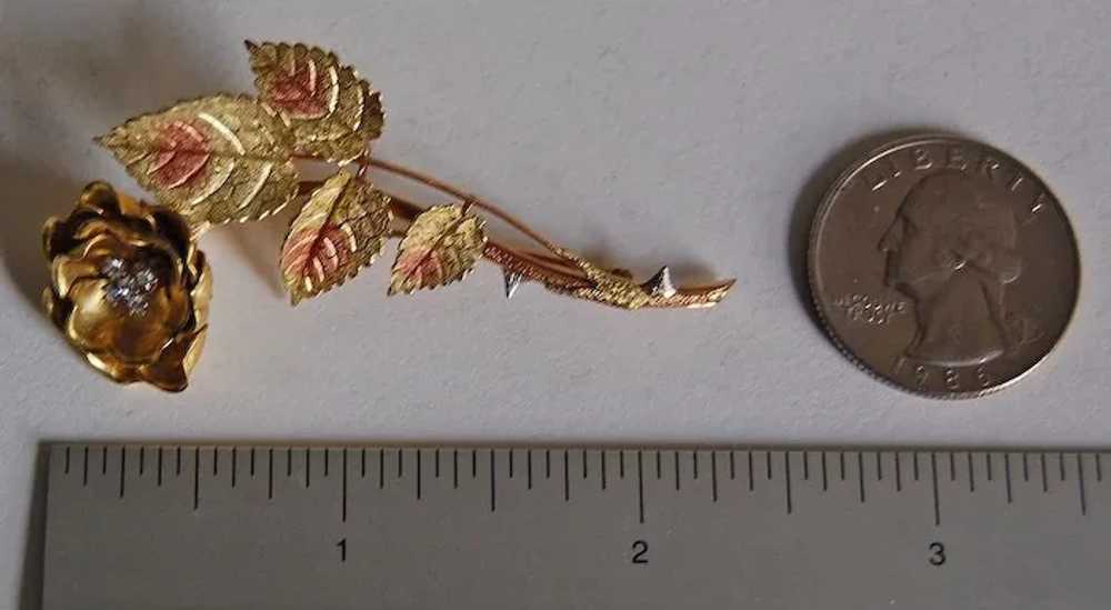 18K Gold FLOWER BROOCH - Rose with Thorns / Diamo… - image 9