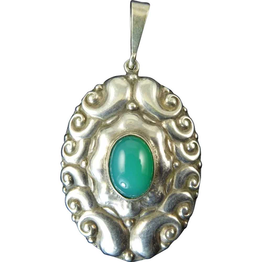 Arts and Crafts Chrysoprase and 800 Silver Pendant - image 1