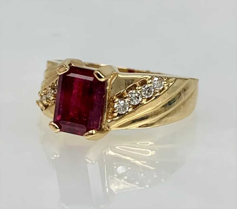 14K Yellow Gold Emerald Cut Ruby Diamond Ring - image 2