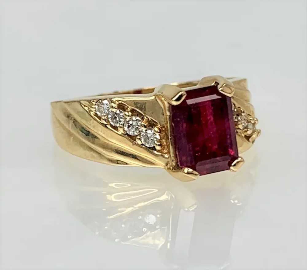 14K Yellow Gold Emerald Cut Ruby Diamond Ring - image 3