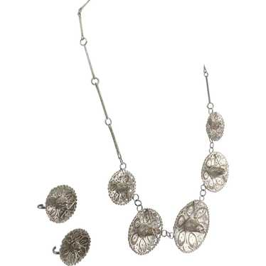 Mexican Silver Filigree Cowboy Hat Necklace & Ear… - image 1