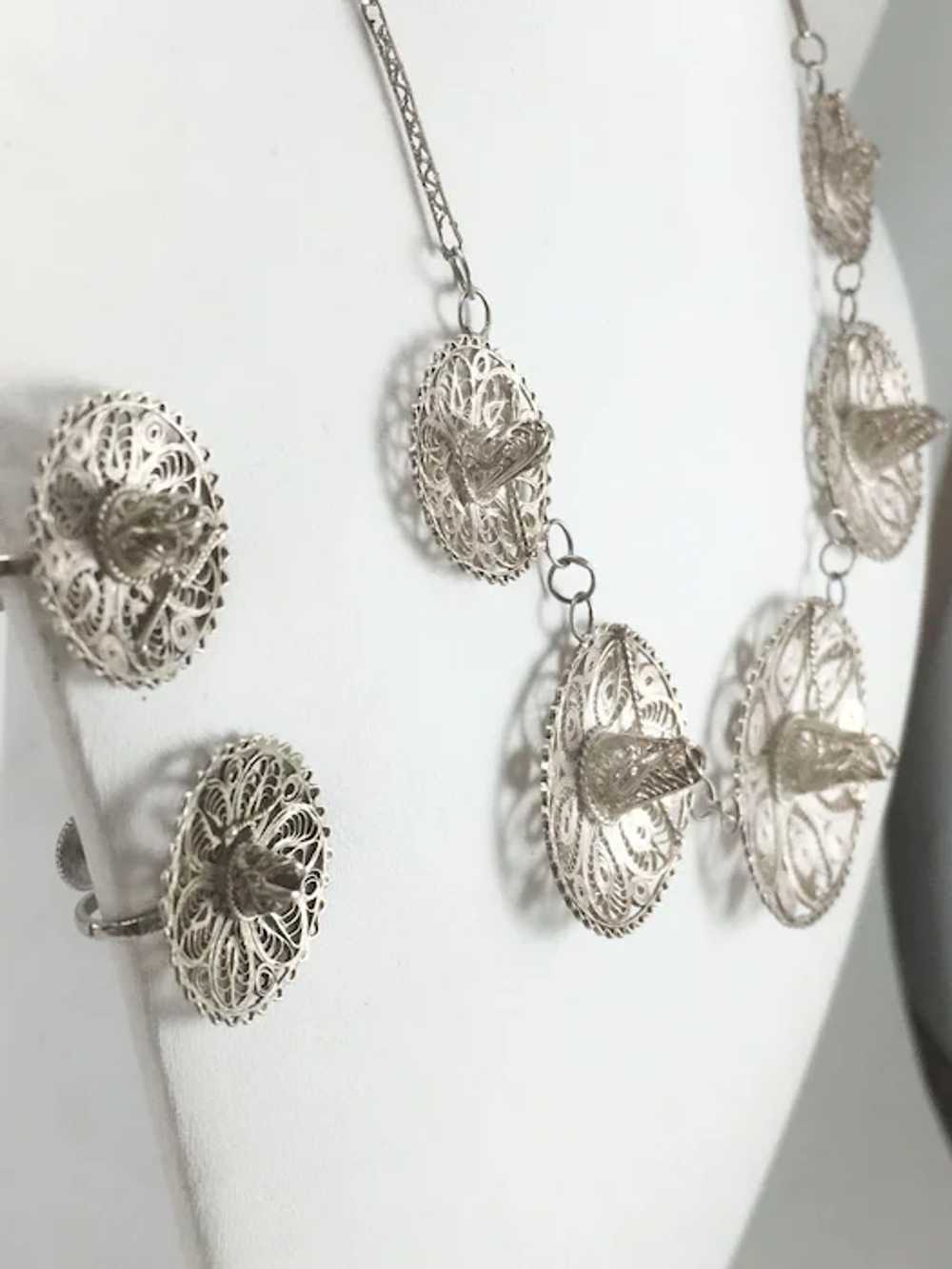 Mexican Silver Filigree Cowboy Hat Necklace & Ear… - image 2