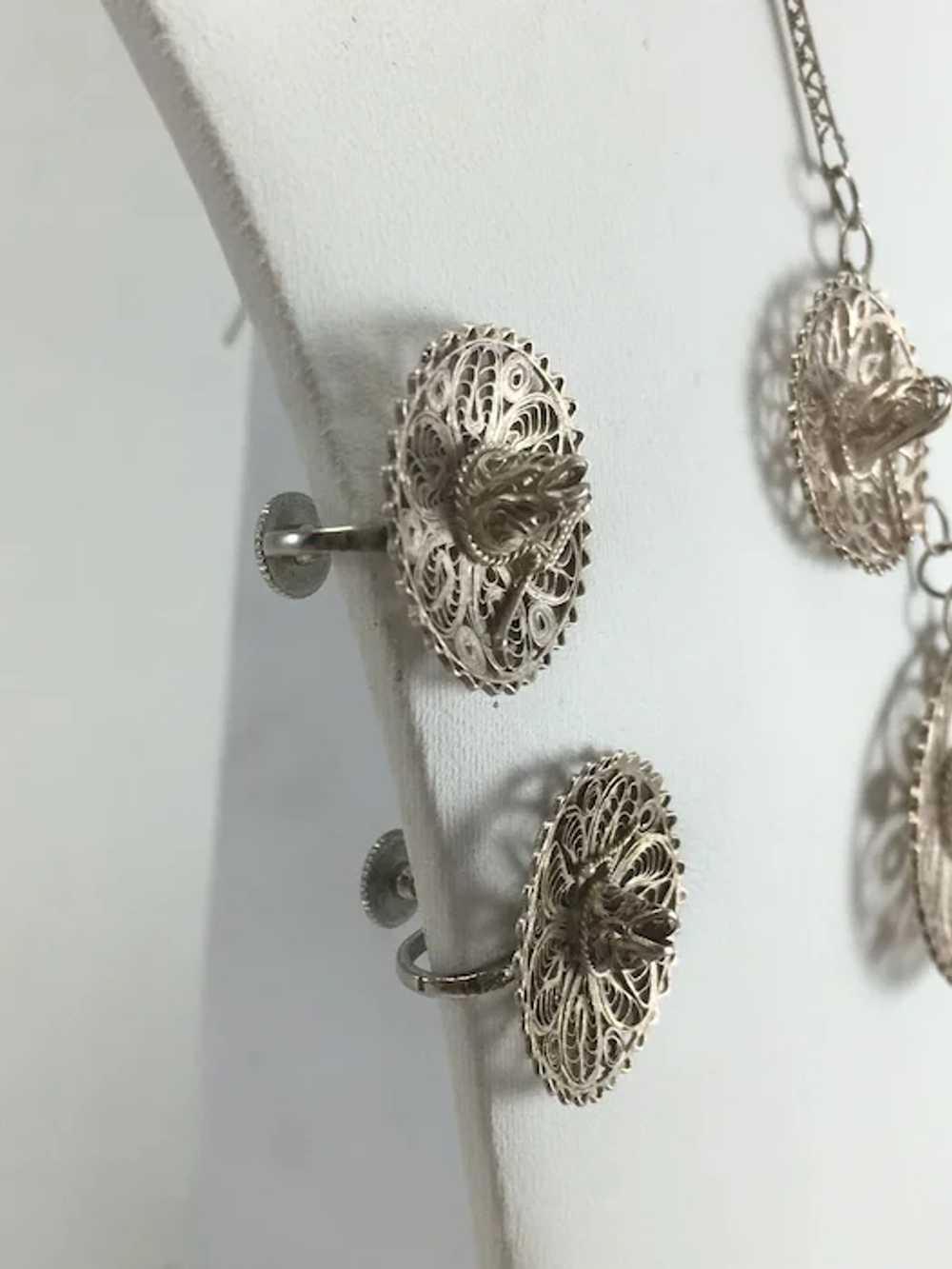 Mexican Silver Filigree Cowboy Hat Necklace & Ear… - image 3