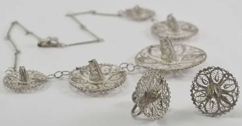 Mexican Silver Filigree Cowboy Hat Necklace & Ear… - image 7