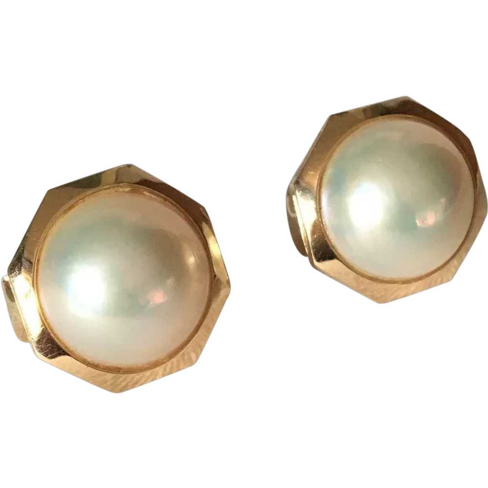 14K Gold Octagonal Mabé Cultured Pearl Earrings - image 1