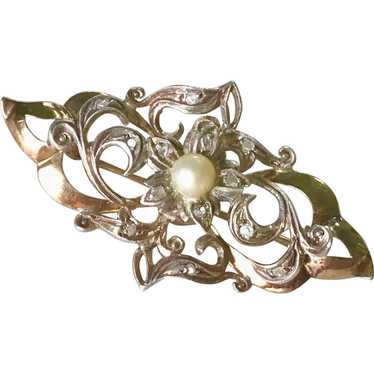 Victorian Brooch 14K Gold Sterling Silver Culture… - image 1