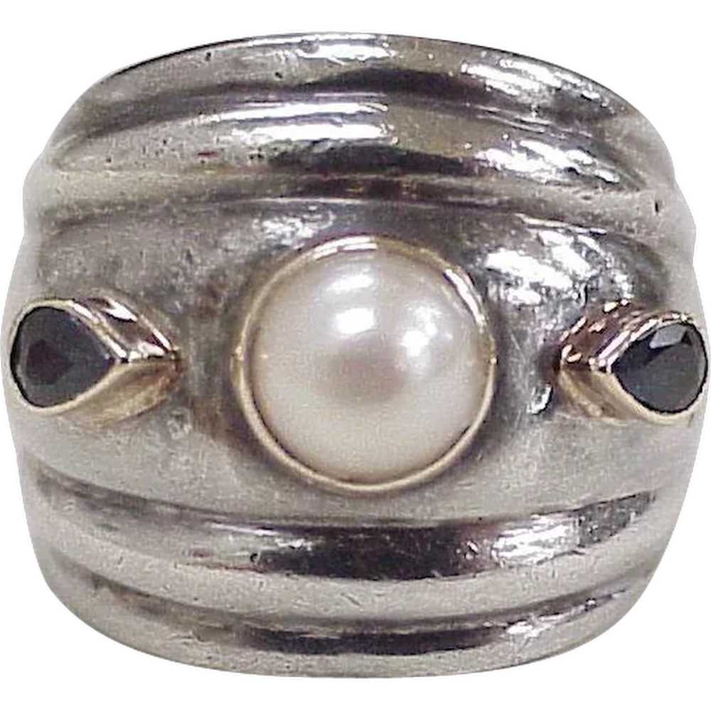 Cultured Pearl & Sapphire Wide Band Fashion Ring … - image 1