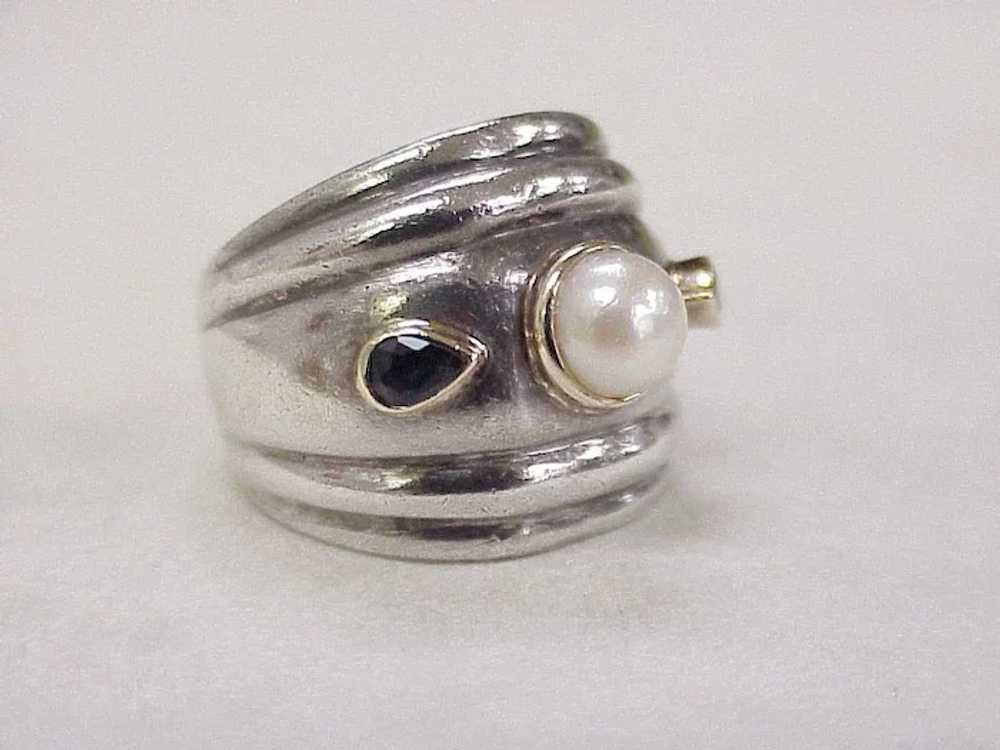 Cultured Pearl & Sapphire Wide Band Fashion Ring … - image 2