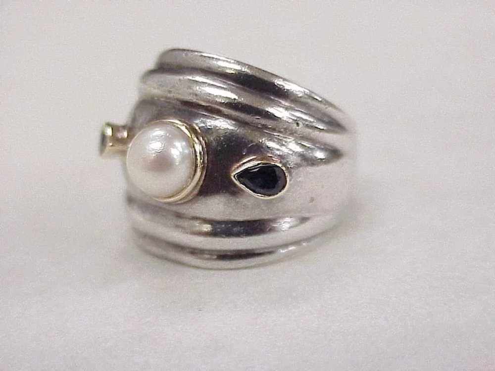 Cultured Pearl & Sapphire Wide Band Fashion Ring … - image 3