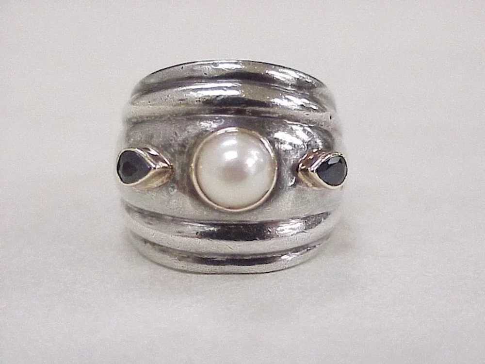 Cultured Pearl & Sapphire Wide Band Fashion Ring … - image 4