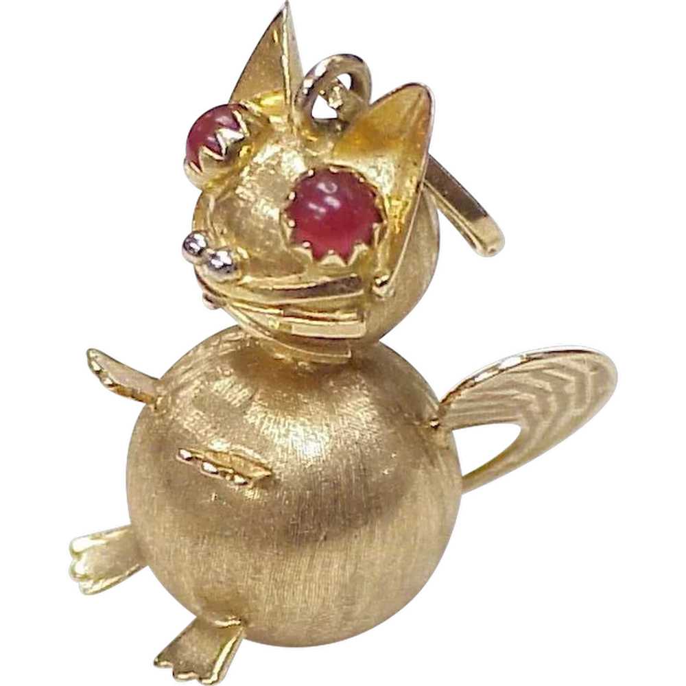 Big Jeweled Fat CAT Charm 18K Gold & Carnelian ci… - image 1