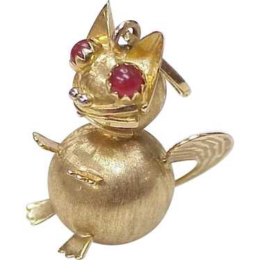 Big Jeweled Fat CAT Charm 18K Gold & Carnelian ci… - image 1