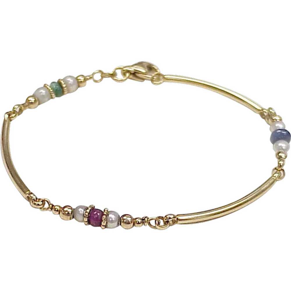 18K Gold Gemstone Bead Cultured Pearl Bracelet - image 1