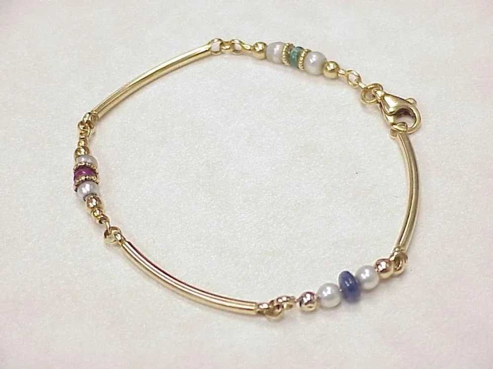 18K Gold Gemstone Bead Cultured Pearl Bracelet - image 3