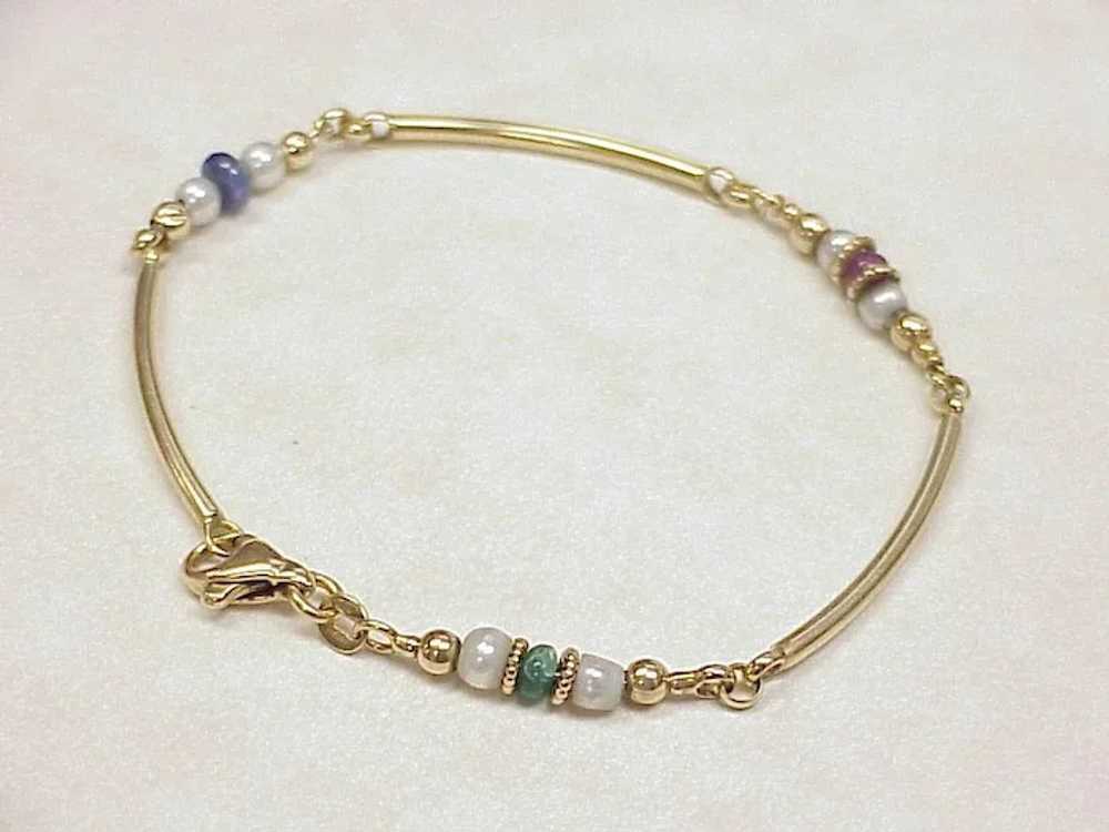 18K Gold Gemstone Bead Cultured Pearl Bracelet - image 4