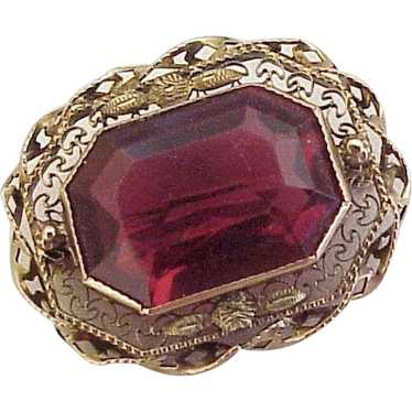 Victorian Revival Brooch Faux Ruby 10K Gold Circa 