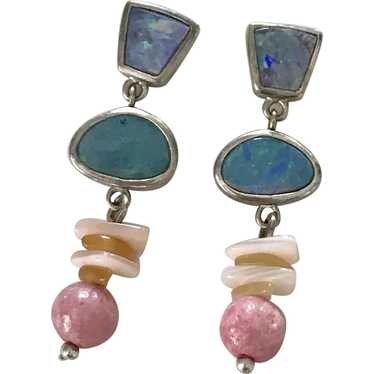 Dangle Earrings Sterling Silver Opal, Rhodochrosi… - image 1