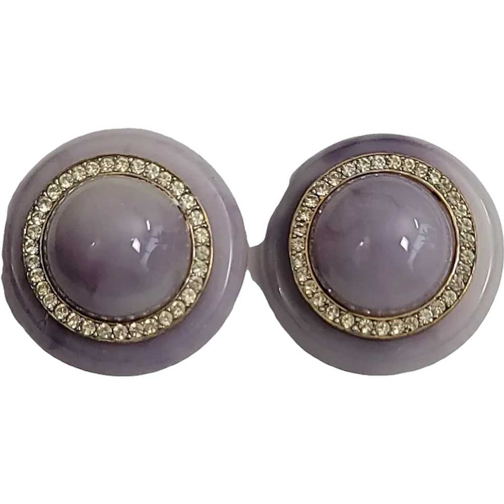 Purple Marbled Plastic Domed Rhinestone Clip-On E… - image 1