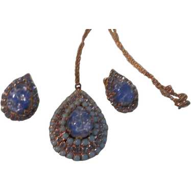 Blue Jelly Opal Necklace and Clip-on Earrings - F… - image 1