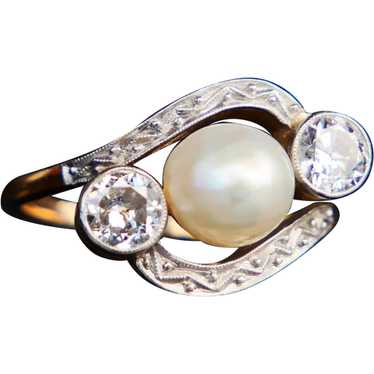 Antique Art Deco Ring Mabe Pearl 1 ctw Diamonds s… - image 1