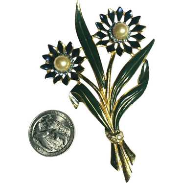 Vintage 30's Enameled CORO Double Flower Brooch, … - image 1