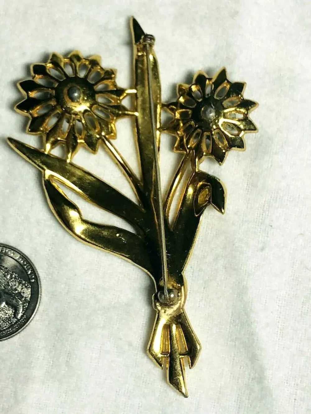 Vintage 30's Enameled CORO Double Flower Brooch, … - image 2