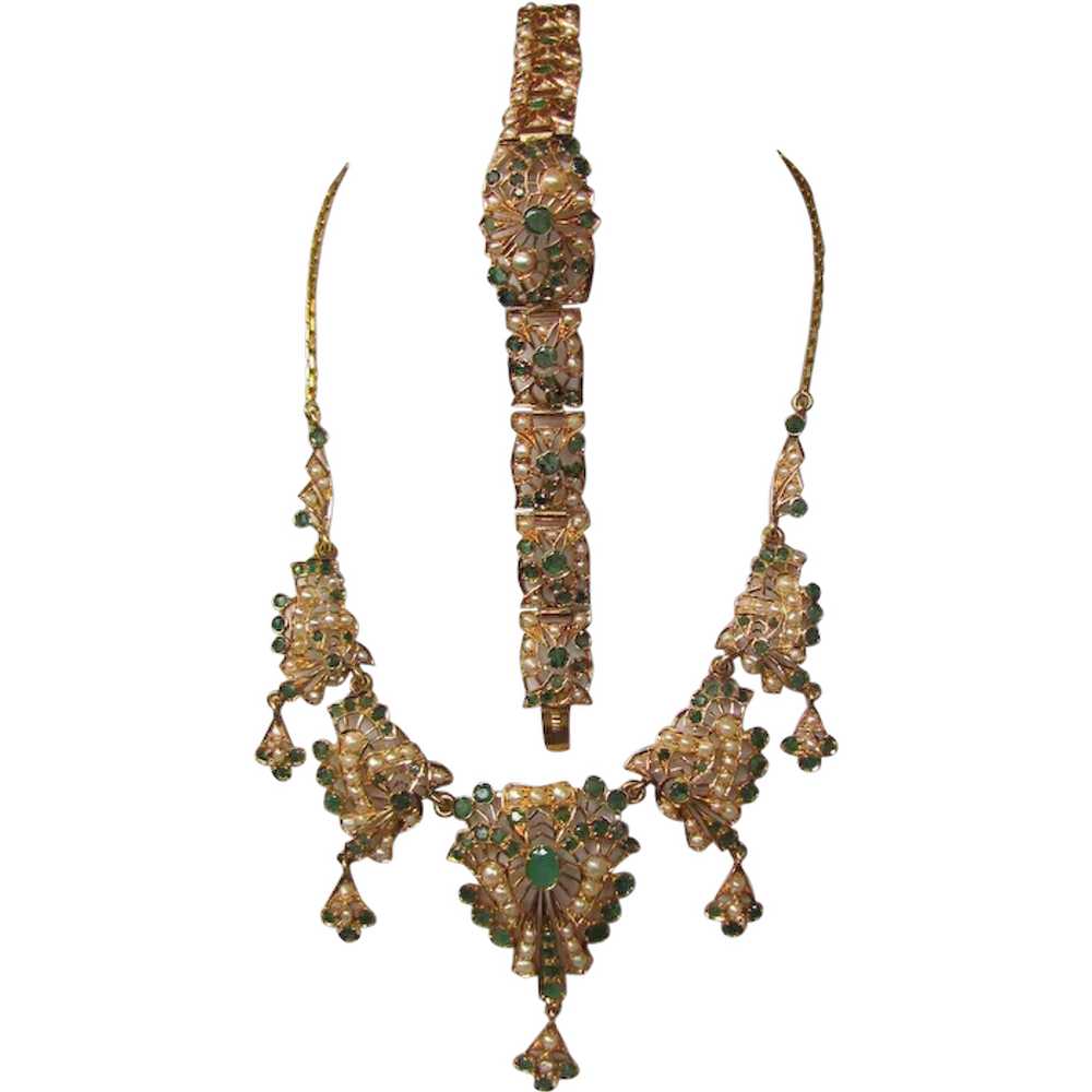 Antique Victorian 18K Emerald & Pearl Necklace & … - image 1