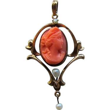 Antique Edwardian 10K Coral Cameo and Pearl Penda… - image 1
