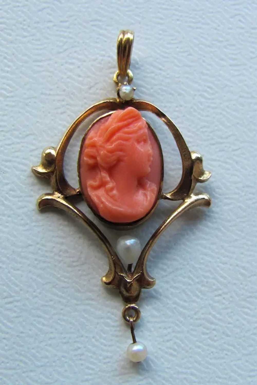 Antique Edwardian 10K Coral Cameo and Pearl Penda… - image 2