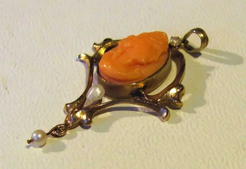 Antique Edwardian 10K Coral Cameo and Pearl Penda… - image 4