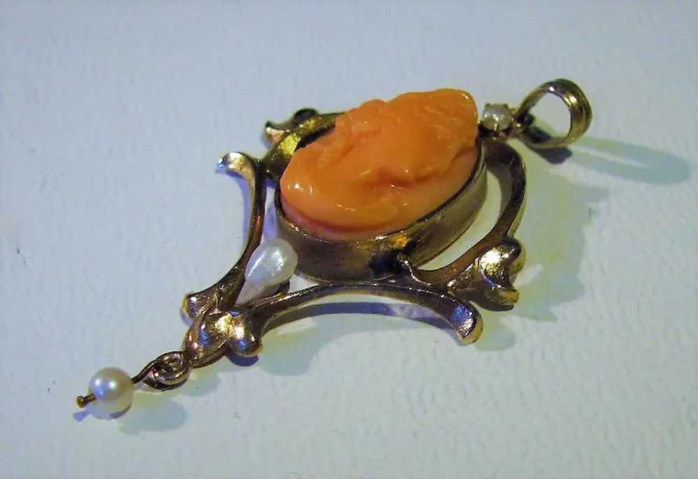Antique Edwardian 10K Coral Cameo and Pearl Penda… - image 6